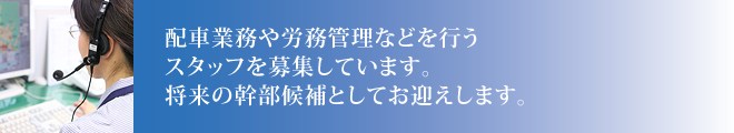 配車業務や労務管理などを行うスタッフを募集しています。将来の幹部候補としてお迎えします。