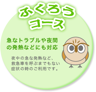 ふくろうコース　急なトラブルや夜間の発熱などにも対応　夜中の急な発熱など、救急車を呼ぶまでもない症状の時のご利用です。